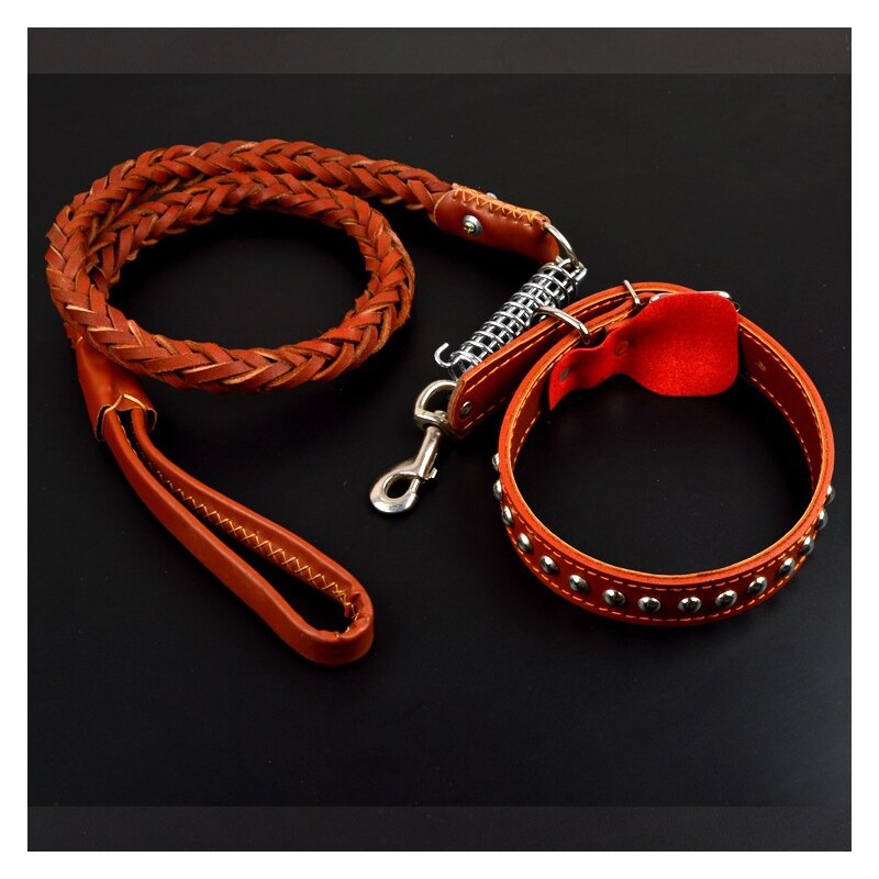 Dog Collar Spring Leather Leash Small Medium Large Dog Accessories Lead For Training Control Handle Strength Go Street Walking: brown / 3.5cm 35KG-65KG
