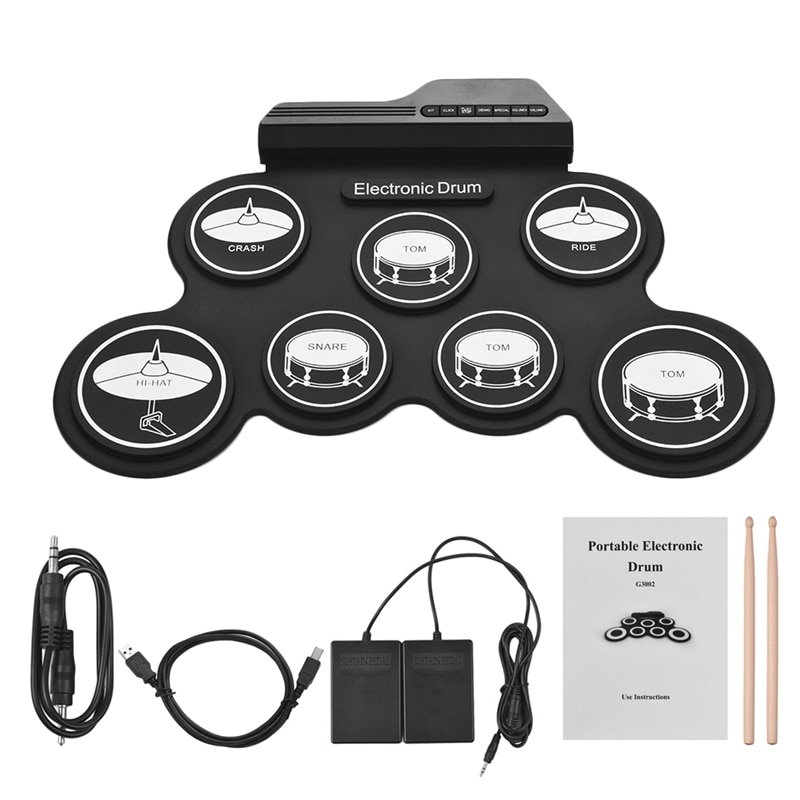 Kompakt storlek usb roll-up silikon trumset digitalt elektroniskt trumset 7 trumkuddar med trumpinnar fotpedaler för att börja