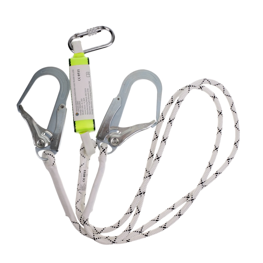 High Strength Polyester Safety Shock Absorbing Lanyard Dual Leg Gear Equipment + 2 Large Snap Hooks + Carabiner