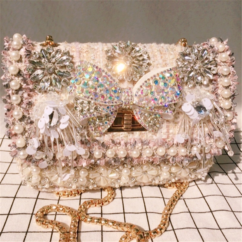 Parels Bead Crossbody Tassen Voor Vrouwen Luxe Bling Crystal Bow Schoudertas Vrouwelijke Kleine Dames Avondfeest Messenger Bag