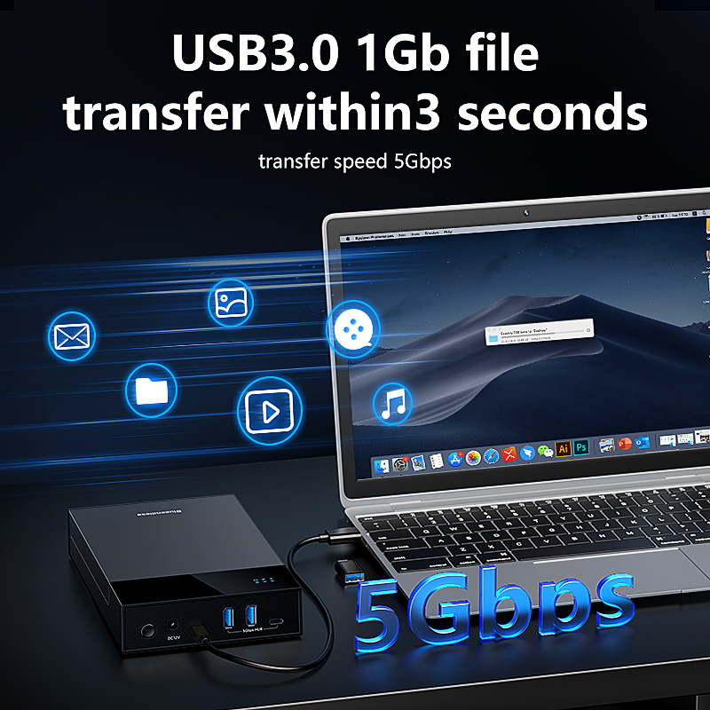 Blueendless 2.5/3. 5 HDD/SSD Enclosure with USB3.0 HUB support 18TB TYPE C TO SATA Adapter tool free HDD case with 12V Power ada