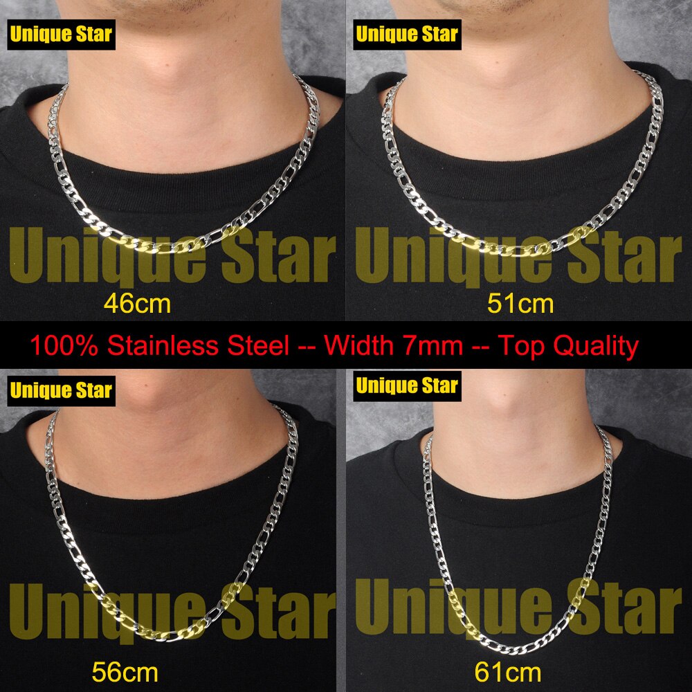 3pcs/lot 7mm 100% Stainless Steel Figaro Hip Hop Chain Necklace for Men Gold Rainbow Jewelry Chains