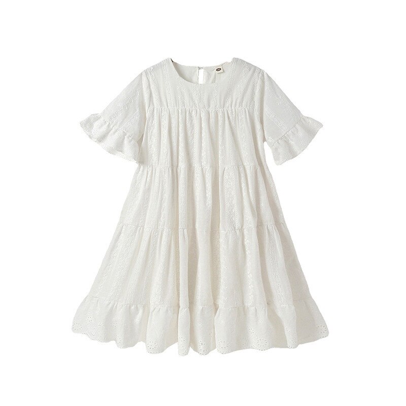 Kids Meisjes Losse Zomer Borduren Kant Witte Katoenen Flare Prinses Jurk Kind Tiener Meisjes Mode Oogje Jurken Kleding
