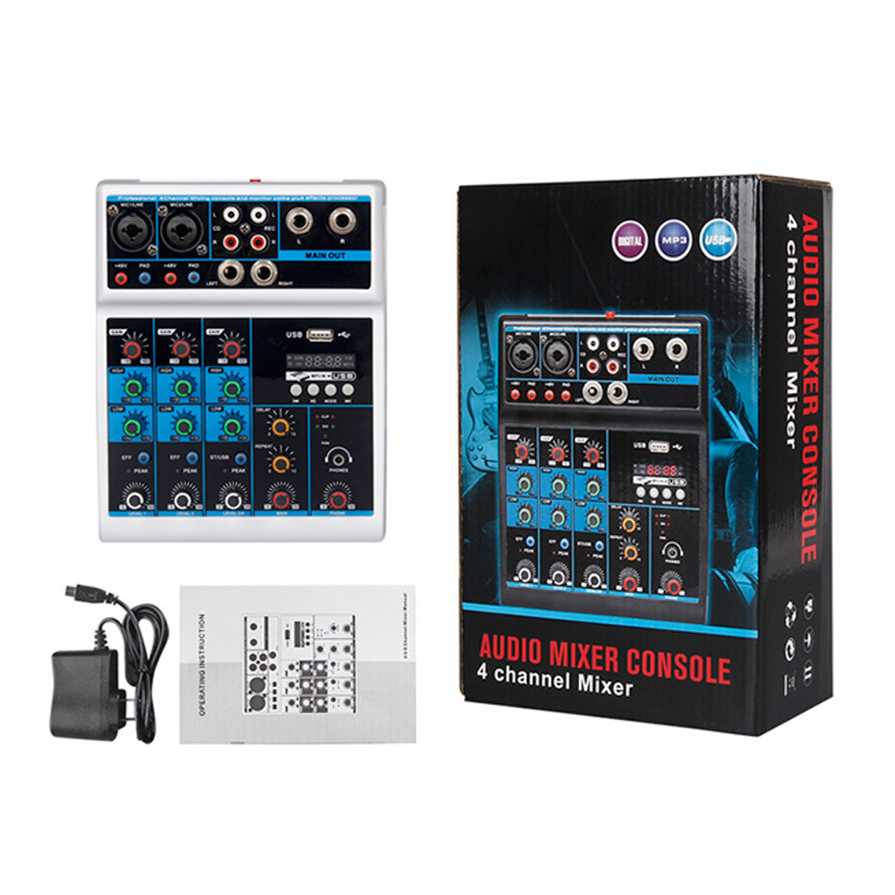 M4 4 Channels Sound Mixing Console Bluetooth Record Computer Playback 48V Phantom Power Delay Repaeat Effect USB Audio Mixe