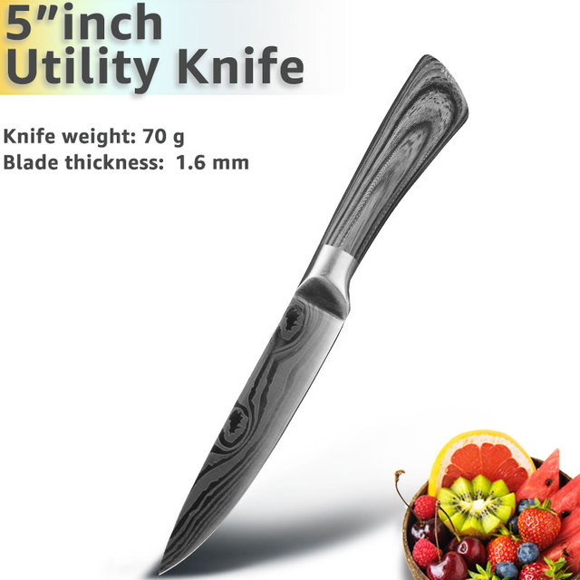 Kitchen Knife 5 7 8 Inch Stainless Steel Chef Knives Imitated Damascus Pattern Utility Cleaver Meat Santoku Vegetable Sharp Tool: 5 inch utility