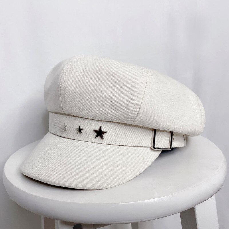 Gorro de otoño invierno boina para mujer Newsboy sombrero con remaches estrella de algodón octogonal sombrero femenino negro blanco coreano Gorras: beige