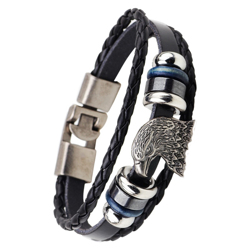 Hüfte hüpfen Jahrgang Adler Kopf Charme Armbinde Leder Multi Schicht Punk Männer Wulst Ebene Adler Armbänder Männlichen Schmuck