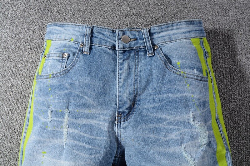 Groene Kant Streep Print Heren Jeans Skinny Flex Jeans Ripped Gat Jeans Heren Zomer Plus Gestapeld jeans