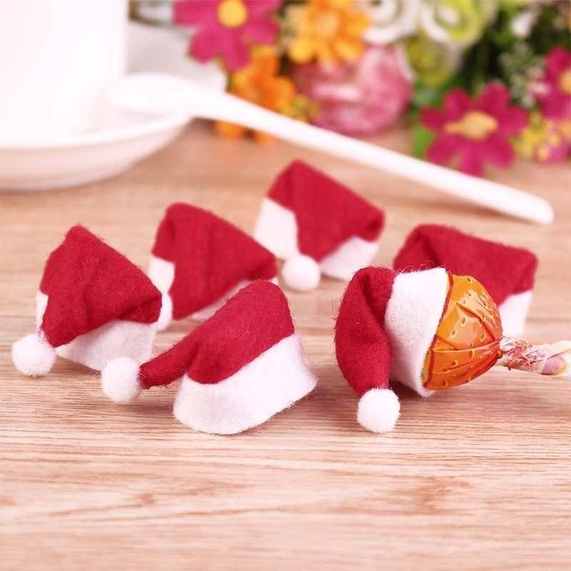 10 stks/partij Mini Kerst Hoeden Santa Claus Hoed DIY Fles Cap Candy Lollipop Cover Kids Speelgoed Thuis Diner Party Xmas decoratie