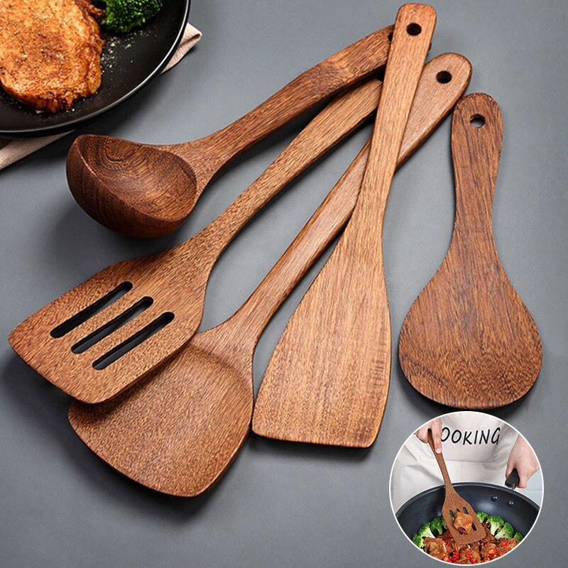 Espátula de madera de con mango largo, cuchara de arroz, pala para sartén antiadherente, utensilios de cocina, accesorios de cocina