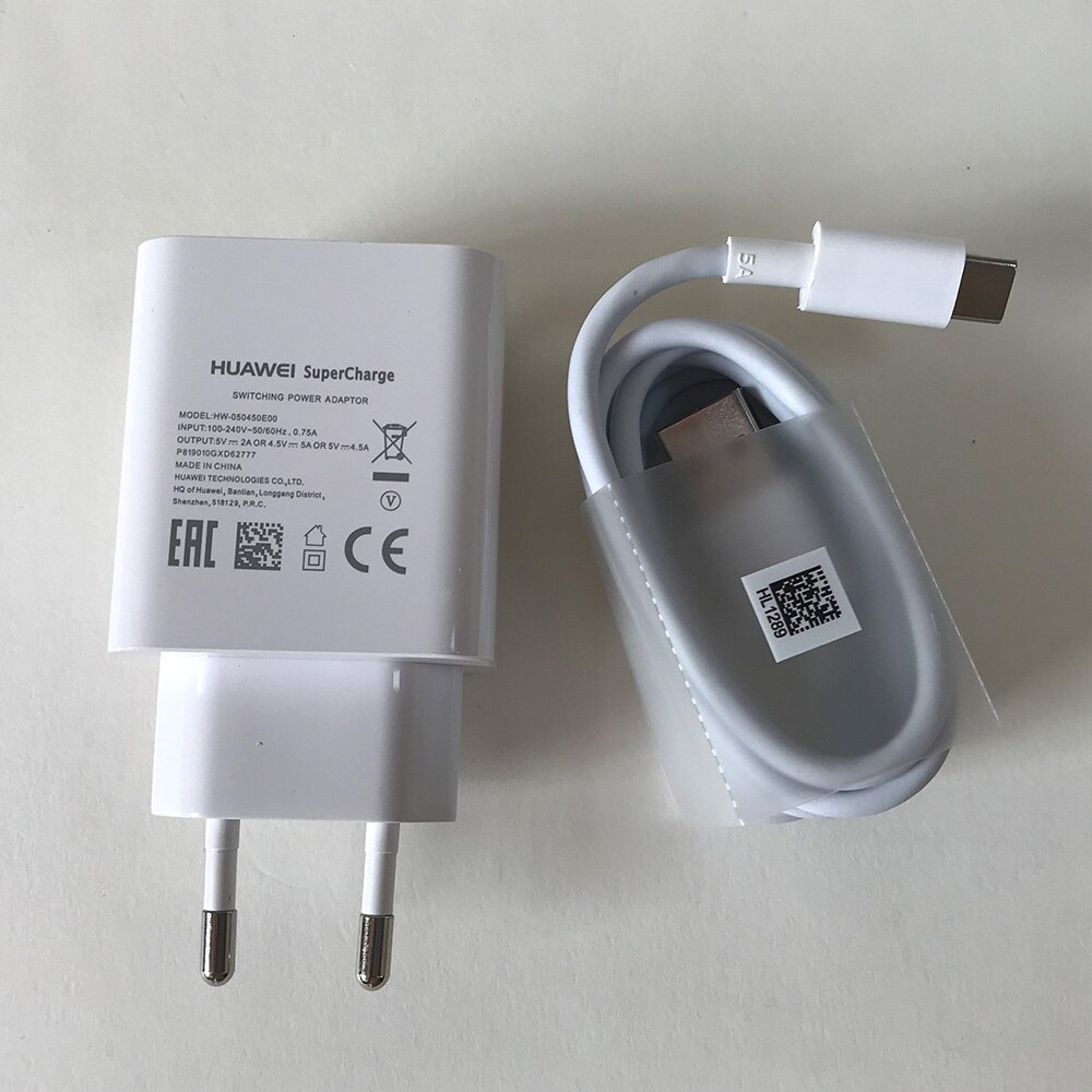 Cavo originale Huawei Supercharge compagno 9 10 20 P10 più P20 pro Honor 20 V20 caricabatterie rapido super 4.5V5A tipo-c USB 3.0 tipo C: EU caricabatterie e cavo