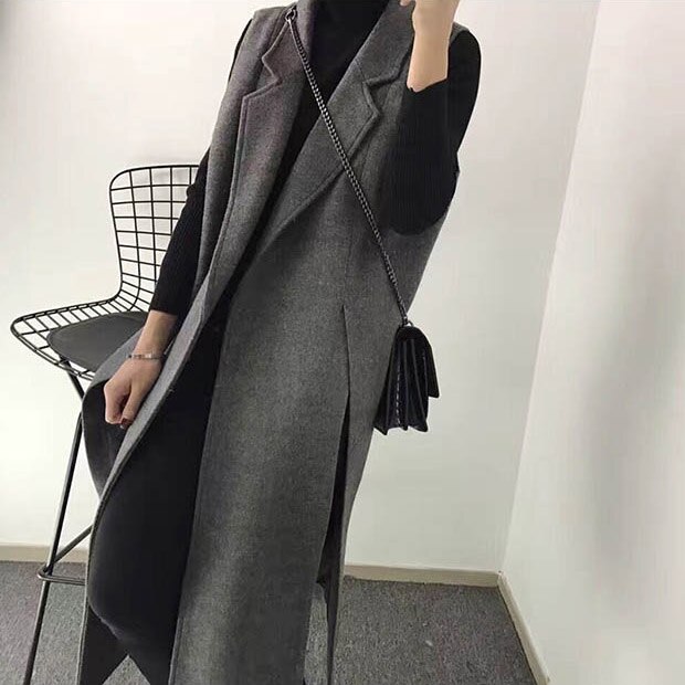 Herfst winter koreaanse wollen pak vest slank casual split lange mouwloze jas gilet grote maten dameskleding  f1514: Donkergrijs / 5xl