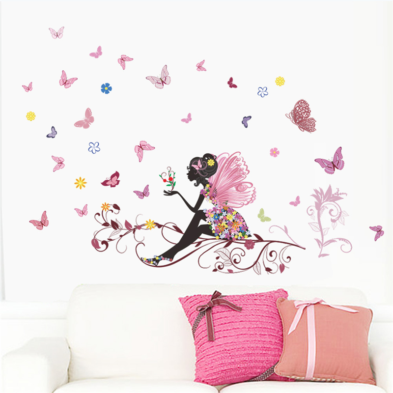 Cartoon Butterfly Flower Fairy 50*70cm Wall Decals Kids Rooms Home Decor Diy Wall Stickers Mural Art Pvc Posters
