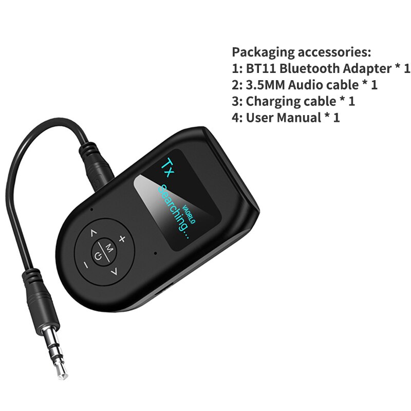 Vaorlo lcd display bluetooth adapter 2 in 1 sender modtager til højttaler hovedtelefoner trådløs stereo adapter med 3.5mm aux: Default Title