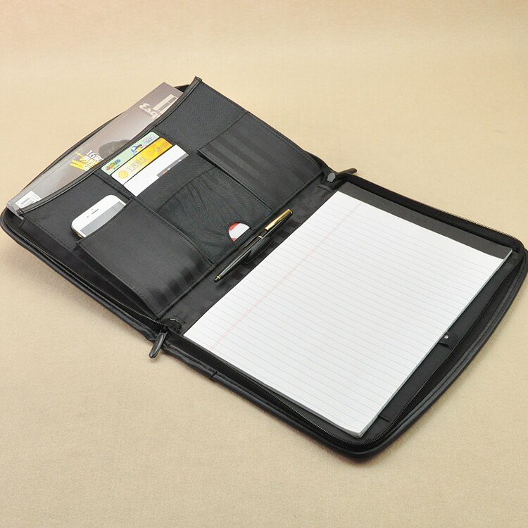 canvas cloth &amp; faux leather A4 manager zipper bag padfolio briefcase zipped folder for documents with notebook black 1261A