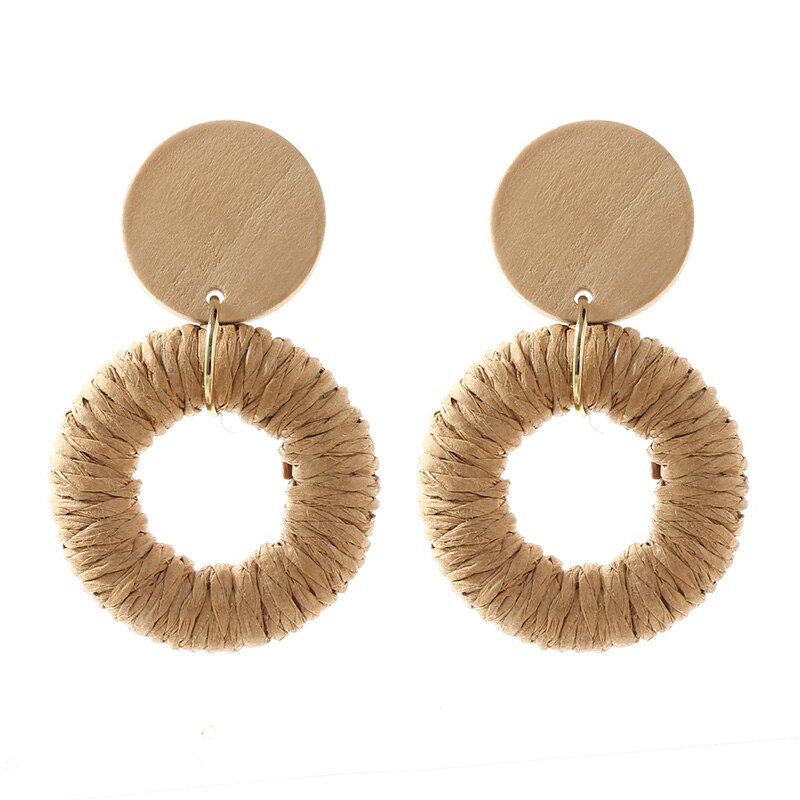 Bohemian Ladies Handmade Vine Rattan Straw Woven Earrings For Women Boho Geometric Round Wooden Dangle Earring Jewelry: E0382-2