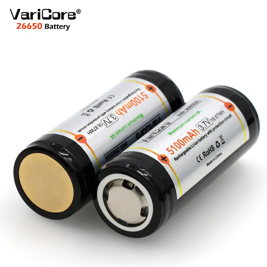 2PCS VariCore Protection 26650 5100mAh 3.7V Li-lon Rechargeable Battery with PCB 4A 3.6V Power batteries for Flashlight