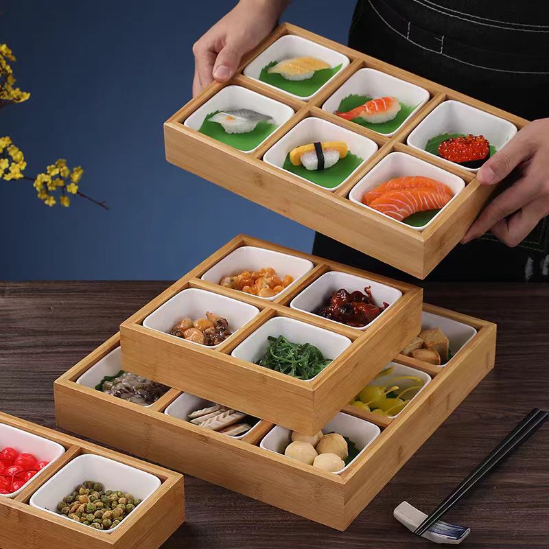 Bamboo Tray Dried Fruit Snacks Fruit Dessert Sushi Plate Pot Compartment Container Tea Table Snacks Dinner Plate
