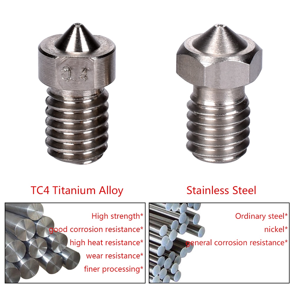 3D TC4 Titanium Alloy Nozzle V5 V6 Nozzle 3D Printer Parts J-head Hotend Extruder RepRap 1.75MM Filament 0.3/0.4/0.6/08/1.0MM