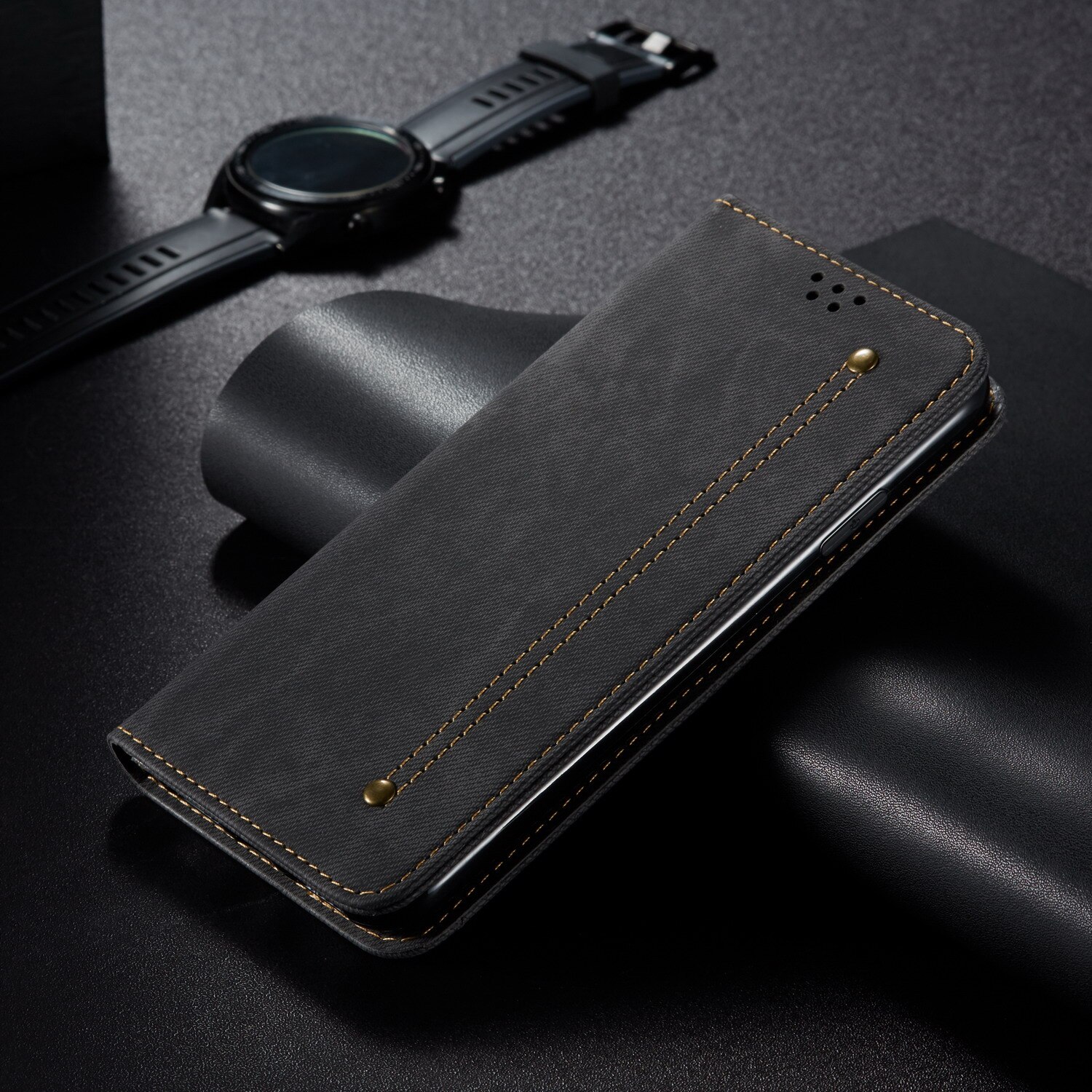 Denim Leather Flip Case for OPPO F11 A9 RENO 2 2F 2Z Coque Magnetic Luxury Card Holder Wallet Book Cover for OPPO Reno2 Reno2z: for OPPO Reno 2F 2Z / Black BaiShiLong