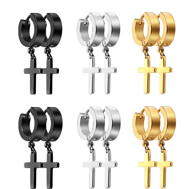 1 Pair Women Men&#39;s Stainless Steel Earrings Black/Silver Color Cross Gothic Punk Rock Style Pendientes Dropping Mujer Moda