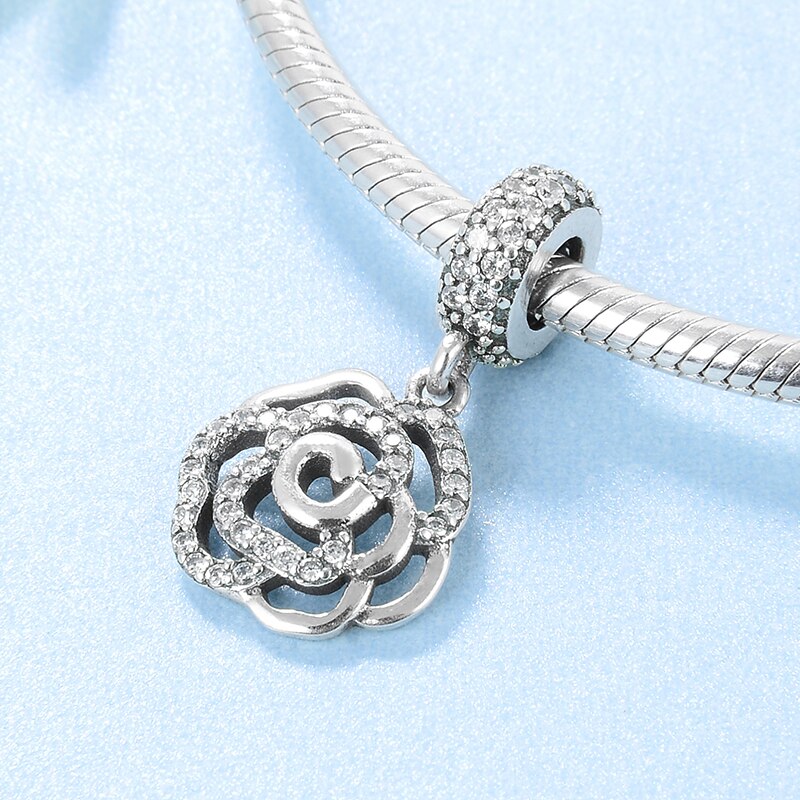 Women Rose Flowers 925 Sterling Silver Charms Pendant Beads Fit Original europeu Diy Bracelet Jewelry