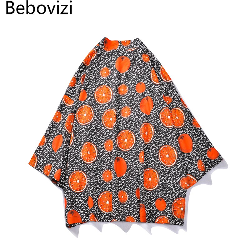 Bebovizi Yukata Haori-Kimono japonés con estampado naranja para hombre, chaqueta de disfraz, camisa de playa urbana, ropa para hombre