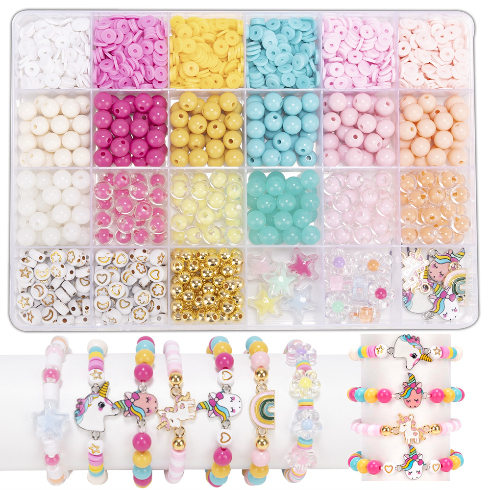 DIY Clay Beads Bracelet Making Kit, Flat Beads for Friendship Jewelry Making,Pearl Polymer Beads with Charms for Girls