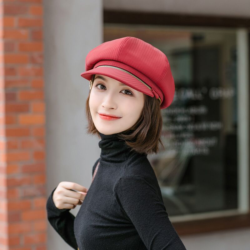 Boina, gorro de otoño-invierno , sombrero de mujer Vintage a rayas octogonal, gorra de caballero, gorra de pintor con cremallera para mujer, sombrero de pintor artístico de doble uso: Red