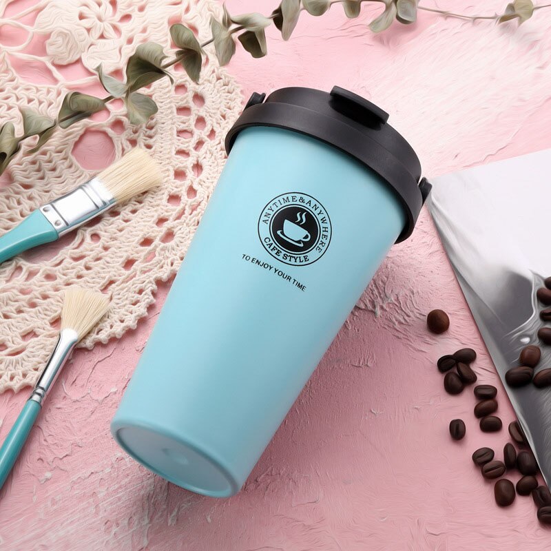 500ML Coffee Mug 304 Stainless Steel Travel Mug Double Wall Vacuum Insulated Tumbler Wide Mouth Tea Cup with Lid: Light Blue B