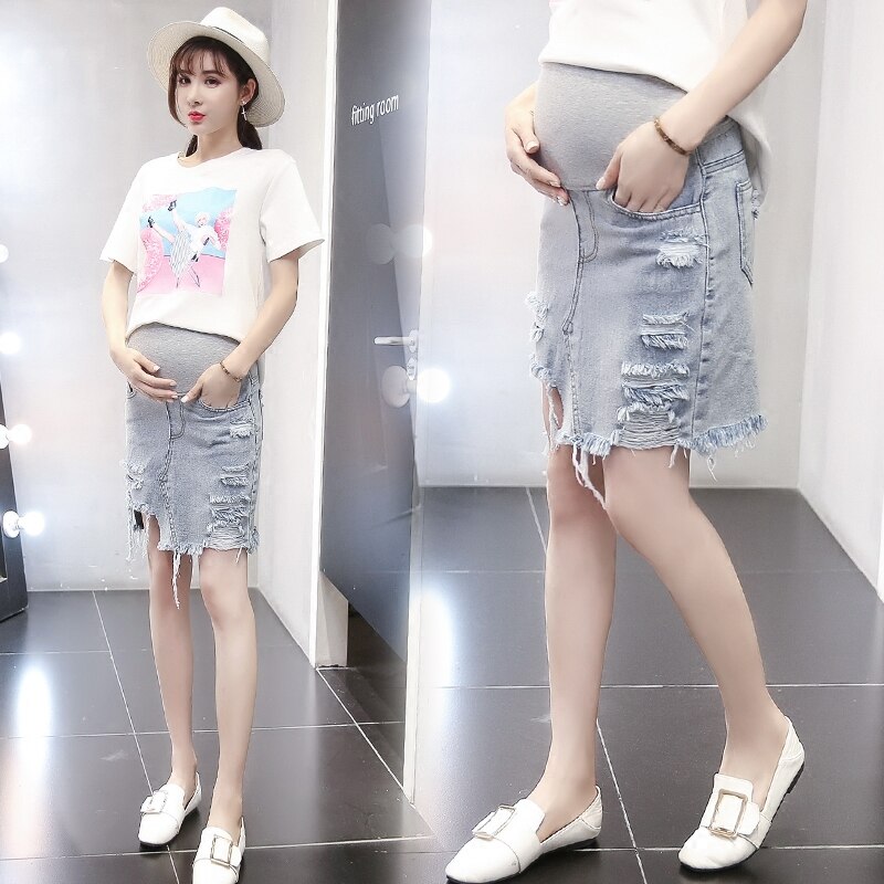 Koreansk tvättad kant gravid jeans kjol sommar slits hål denim resår midja kjolar gravidkläder gravida kvinnor