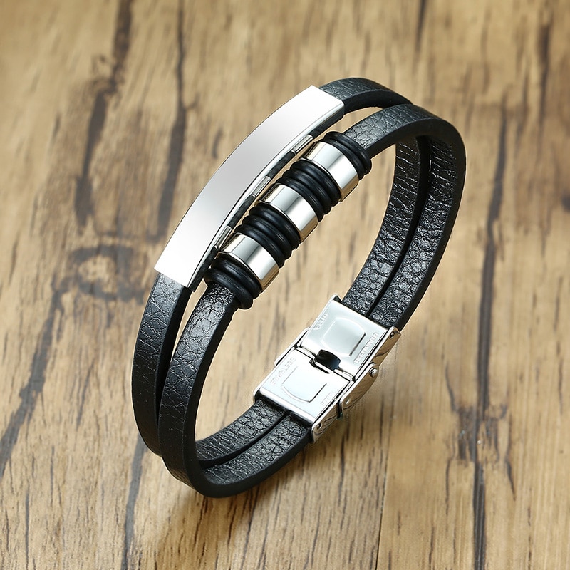 Mannen Lederen Armbanden Met Zwarte Kralen Charm Bangle Gelaagde Polsband Streetstyle Toevallige Mannelijke Sieraden