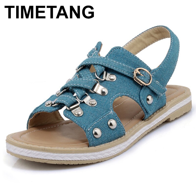 Timetang denim gladiator sandaler kvinder flade sandaler dame platform sandaler sommer sko kvinde sandaler femmese 402