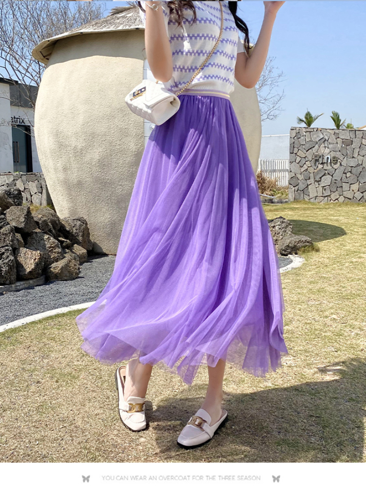 Spring Mesh Purple High Waist Skrit for Women 2022 Slim Fit Pleated Mid-length Skirt Female Faldas