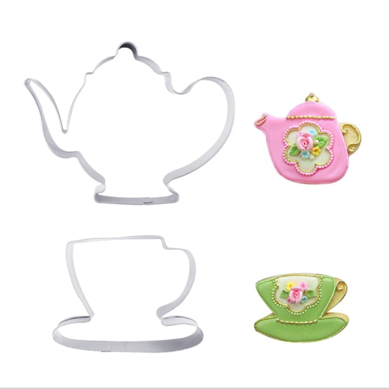 Roestvrij Staal Thee Cup & Thee Pot Vorm Set Cookie Cutter Voor Metal Fondant Koekjes Gereedschap