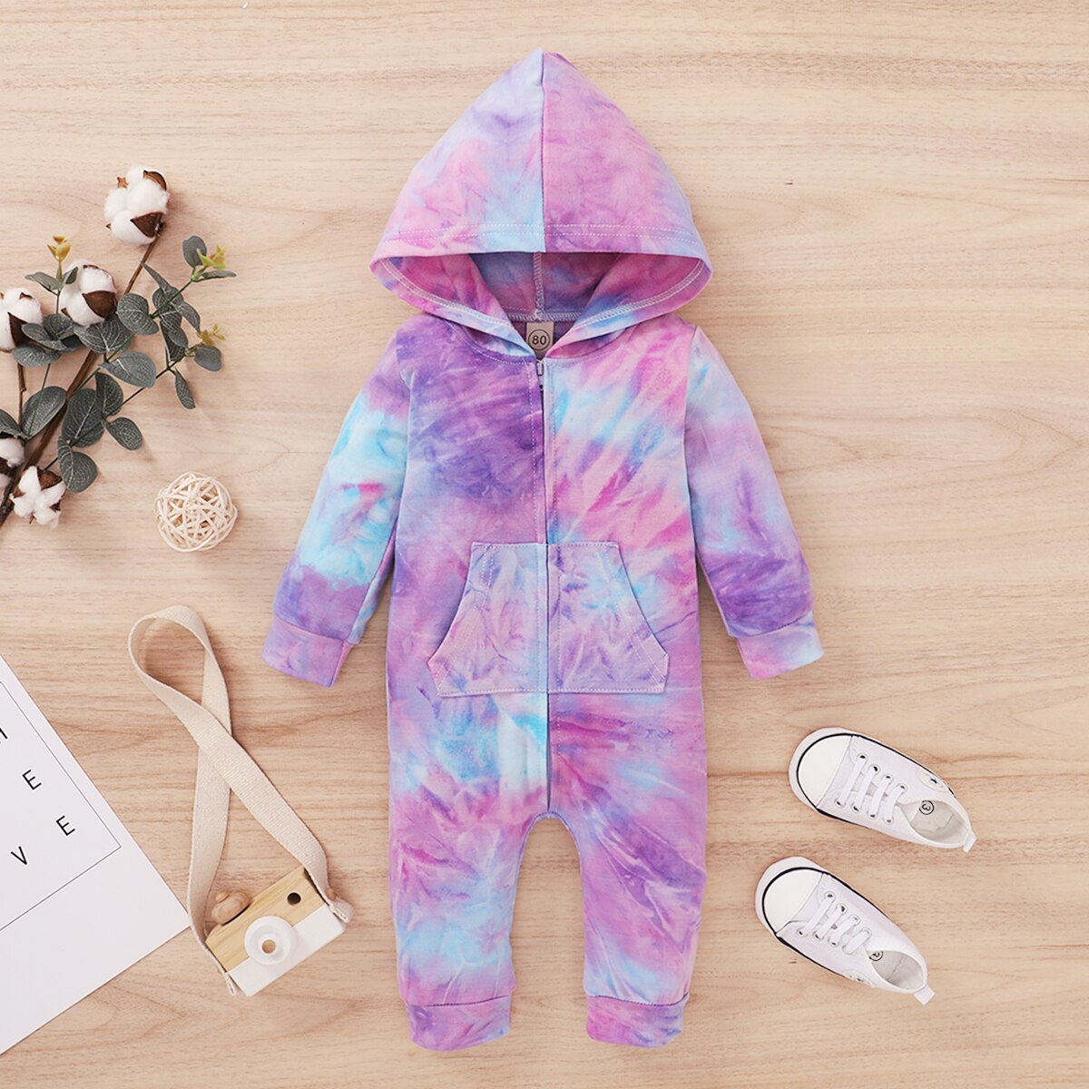Mise au point 0-18M cravate-teinture imprimé bébé filles garçons barboteuses fermeture éclair manches longues à capuche automne combinaisons 3 couleurs