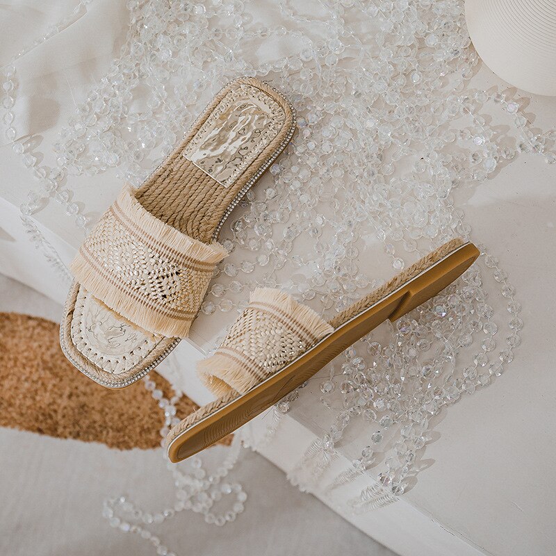 Straw woven slippers outer wear flat bottom sandals