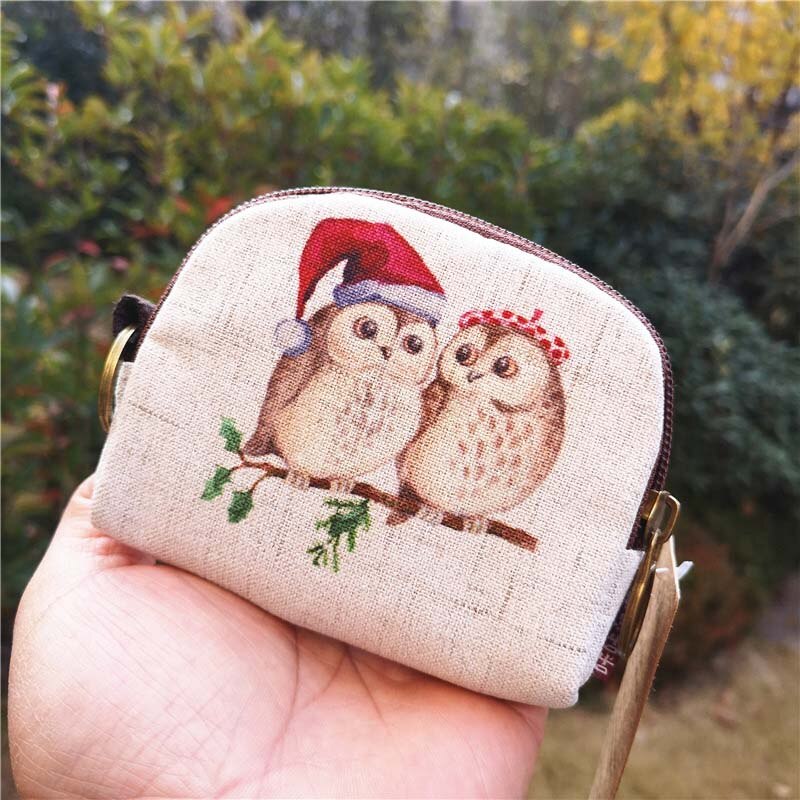 Cartoon Kurze Brieftasche Frauen Vintage Leinwand Shell Geldbörse Dame Karte Halter Kupplung Kinder Cartoon Fuchs/Eule Kleine Ändern geldbörsen: 011