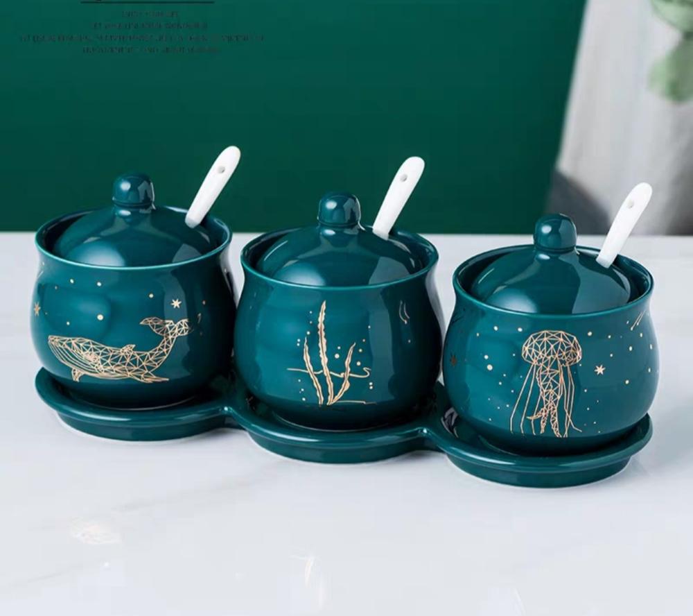 Creatieve Nordic Stijl Licht Luxe Emerald Keramische Suiker Blikken Zout MSG Pot Kruiden Pot Kruiden Doos Vier stuk Huishoudelijke set: Floor Type B