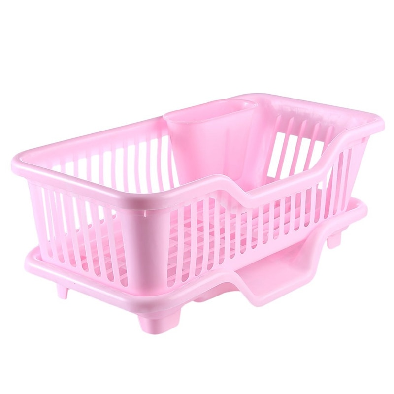 Miljøvenlig plastik køkkenvaske opvaskestativ sæt rack holder vaskekurv organiseringsbakke, ca. 17.5 x 9.5 x 7 tommer (lyserød)