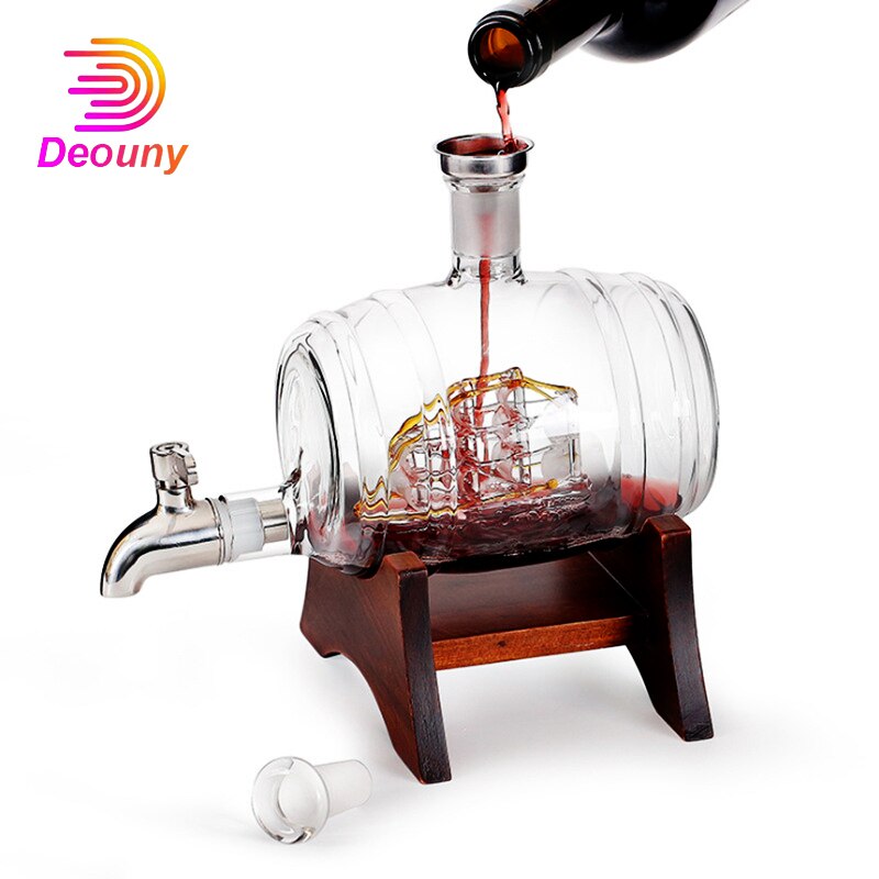 DEOUNY Glass Barrel Whiskey Decanter Nautical Liquor Dispenser Lead Free Beer Decanter For Bourbon Rum Brandy Decoration 1000ml