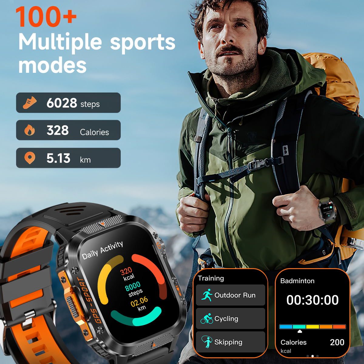 Nuovo accorto guarda costruito-in GPS a doppia frequenza Chiamata senza fili 3ATM Torcia portato impermeabile Bussola sport tutto'aria aperta da uomo Smartwatch