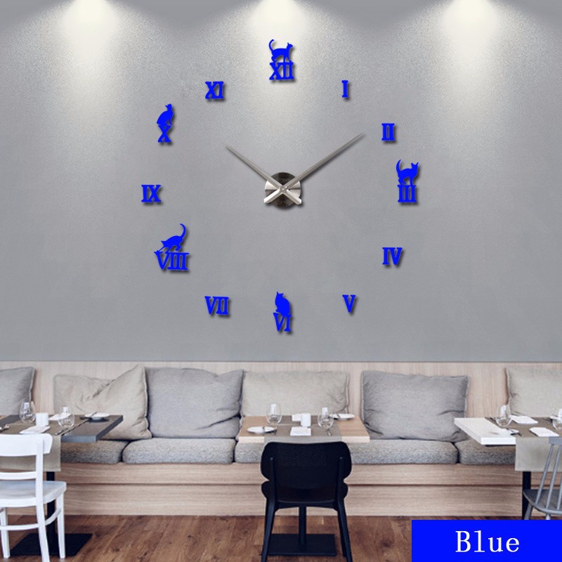 Large Wall Clock Stickers Quartz Needle 3D DIY Decorative for Kitchen Acrylic Mirror Modern Wall Clock Roman Numerals: Blue
