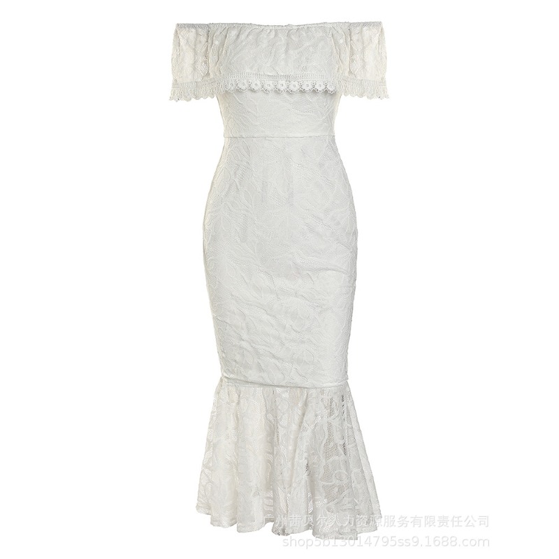 Trendy hvid blonde off-shoulder kjole til kvinder sexet højtaljet bodycon kjoler skrå krave stropløs ensfarvet skede midi-kjole: L
