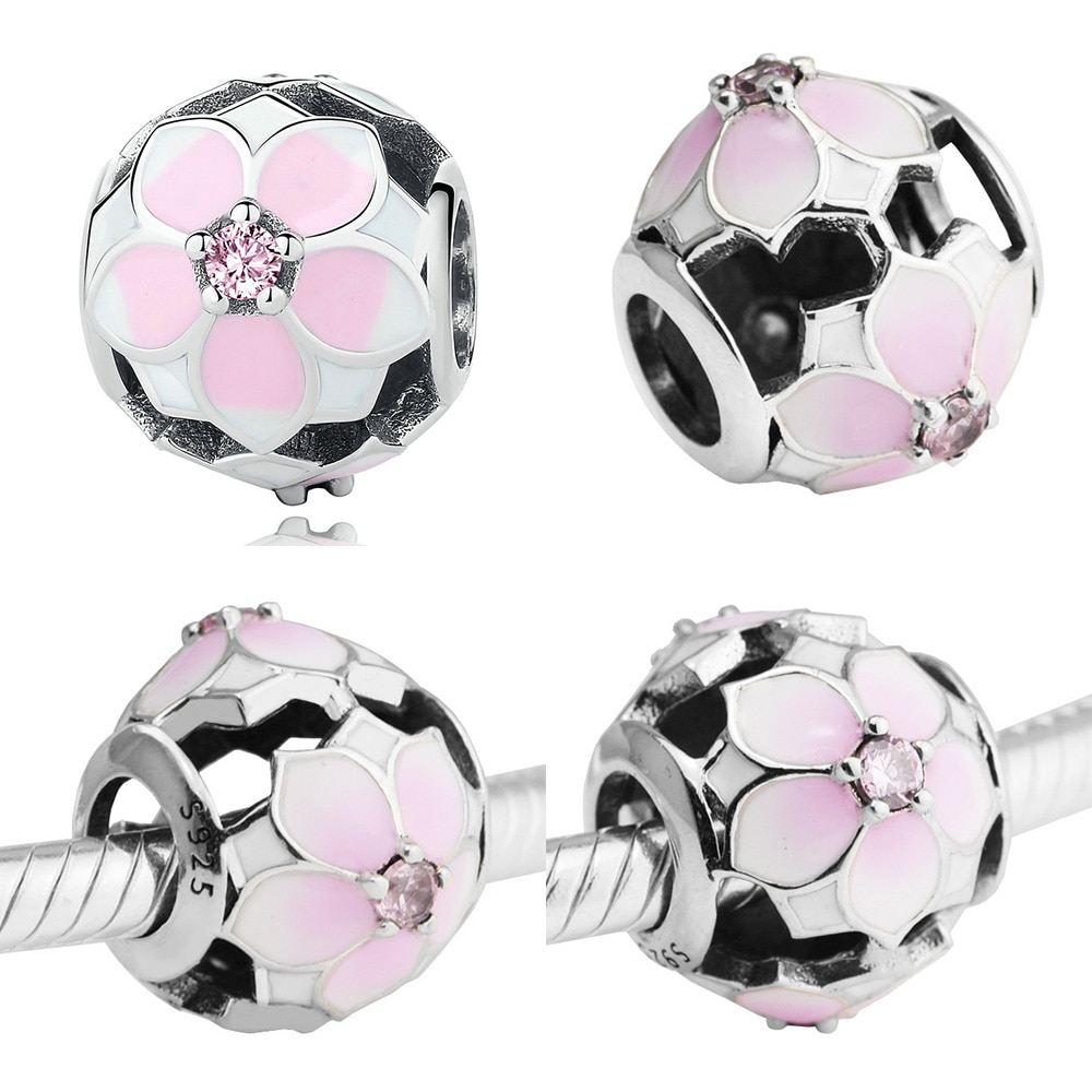 Charms in Magnolia traforata in argento 925 misura braccialetti con ciondoli originali ciondolo con perline per bracciale in argento Sterling creazione di gioielli fai-da-te