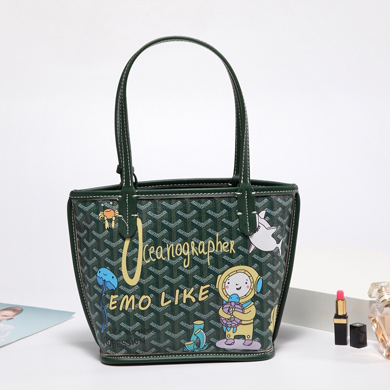 EMO-Bolso grande de hombro con dibujo de perro para mujer, bolsa con grafiti, informal, PU, novedad de: Green