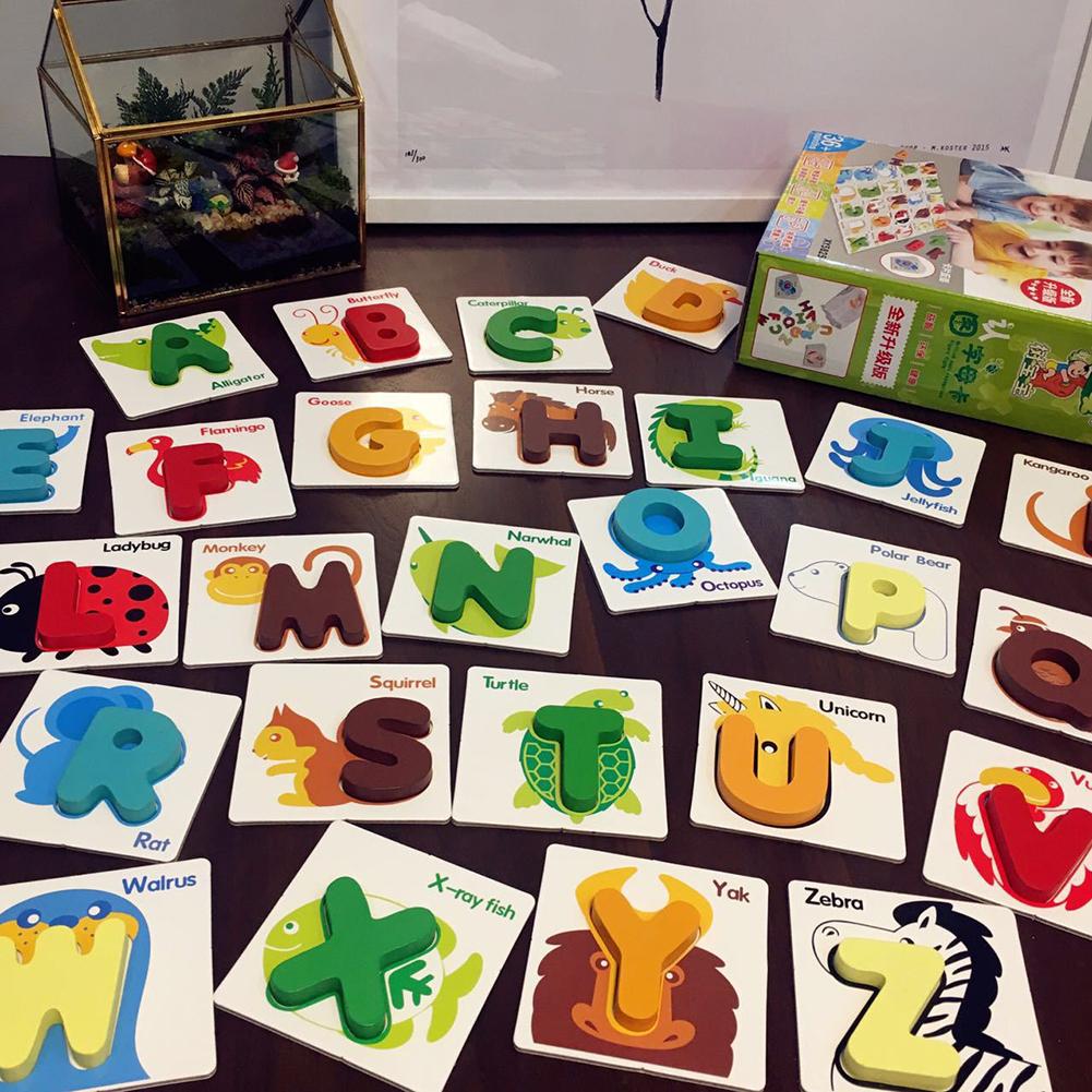 26Pcs Houten Abc Alfabet Letters Dier Match Puzzels Kaarten Vroege Onderwijs Math Speelgoed Voor Kinderen Preshcool Leren Speelgoed
