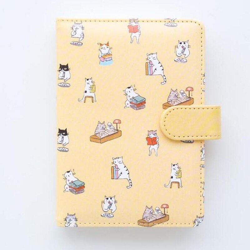 1Pc Notebook Stationery Cute Cat Printed Leather Cover Kids Notebook Color Paper Binder Diary: yellow