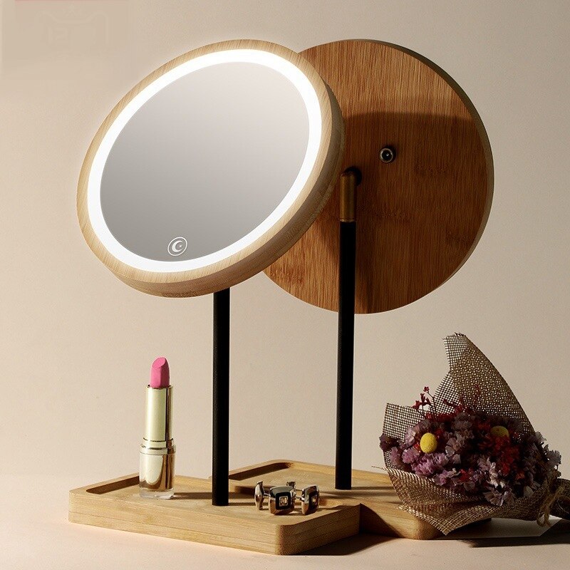 Wooden Desktop LED Makeup Mirror USB Charging Adjustable Bright Diffused 360 Rotation Light Up Mirror