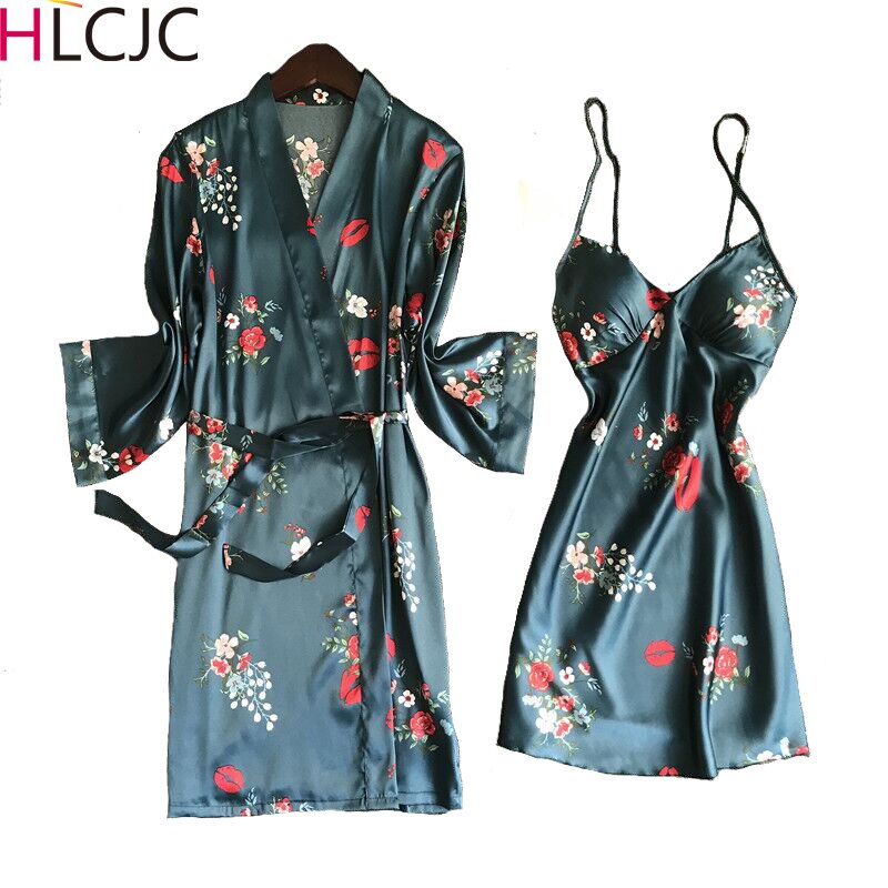 Women Satin Sleepwear Robe Sexy Silk Robe Gown Set Sleep Lounge Indoor Clothing Ladies Nightwear Nightdress With Chest Pads